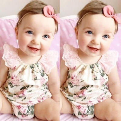 

0-2Y Baby Girls One Piece Lace Short Sleeve Floral Romper Suit Jumpsuit Outfits