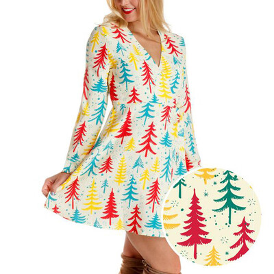 

Tailored Womens Christmas Costumes Fashion V Collar Autumn&Winter Printing Dress