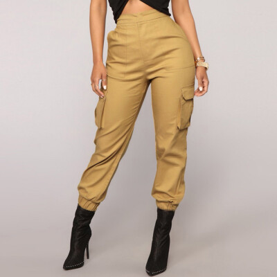 

Tailored Womens Soild Trousers Casual Sports Elastic Waistt Pants Overalls Pockets Cargo