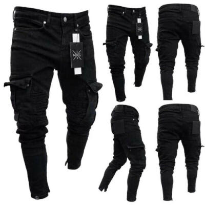 

Men Ripped Biker Skinny Jeans Frayed Destroyed Trousers Casual Denim Pants