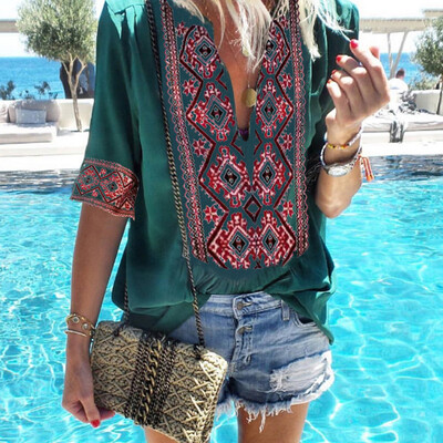 

Starmoon Women Ethnic Style Boho Half Sleeve V-Ncek Vintage Top T-Shirt Blouses