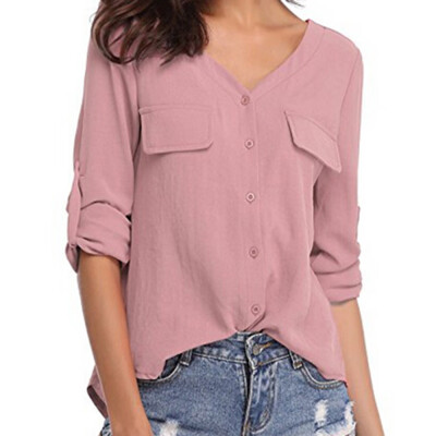 

Nomeni Women Casual Long Sleeve V-Neck Chiffon Button Shirt Blouse Tops