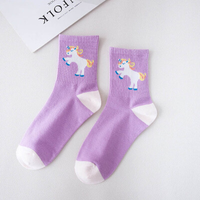 

Women 1 Pair Cute Cartoon Unicorn Ankle Socks Cotton Purple Funny Animal Novelty Socks Rainbow Horse Contrast Color Sock