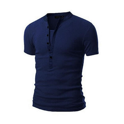 

Fashion Breathable Slim Elastic Splicing Multi-Button Round Neck Short Sleeve Mens T-Shirt Tee Top
