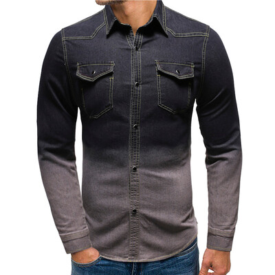 

Tailored Men Casual Contrast Color Panel Button Down Denim Shirt With Pockets Top Blouse