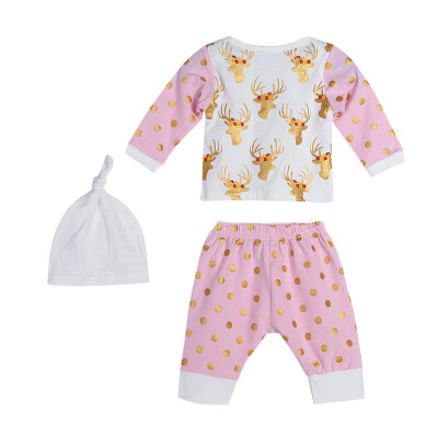 

3pcs Baby Infant Toddlers Deer Print Long Sleeve Tops Pants Hat Outfit Set