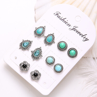 

EK202 Women Black Crystal Earrings for Women Boucle Doreille Jewelry Bohemian Stud Earring Set Green Droplets Brincos 5 Pairs