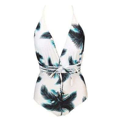

Women Sexy Solid Color Slim Sling One-Piece Halter Bikini Gathered High Waist Swimsuit