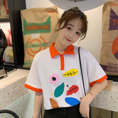 

Womens Cotton Cute Turn-down Collar Cartoon Print Short Sleeve Loose Polo Shirt