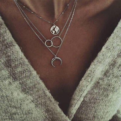 

Women Necklace Fashion Hollow Map Moon Round Bead Chain Pendant Multilayer Silver Necklace Set Lady Beach Party Jewelry