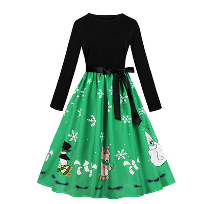 

Tailored Womens Vintage Print Long Sleeve Christmas Evening Party Swing Dress