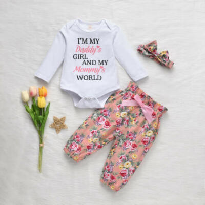 

UK 3PCS Newborn Baby Girl Cotton Clothes Long Sleeve RomperFloral Pants Outfits