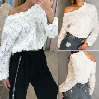 

Women Ladies Long Sleeve Flower Embellished Scalloped Brim Tops Blouse White