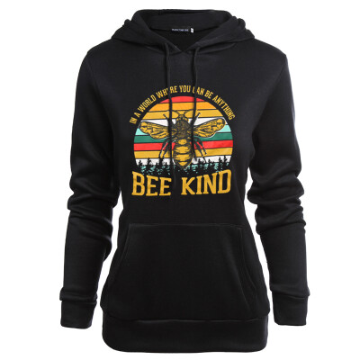 

New Women Hoodie Long Sleeve Bee Kind Printing Hooded Sweatshirts Women Black Pullover Hoodie Coats