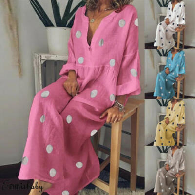 

Boho Women Summer Holiday Polka Dot Maxi Dress V-neck Long Shirt Dress Plus Size