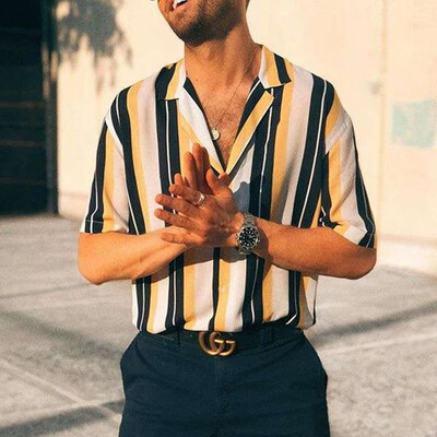 

2019 New Summer Men Stripe Printed Shirts Casual Short Sleeve Button Shirts For Gentlemen