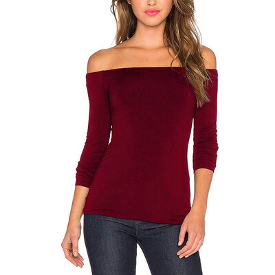 

Women Slim Fit Shirts Long Sleeve Solid Tops Blouse Off Shoulder Casual Pullover