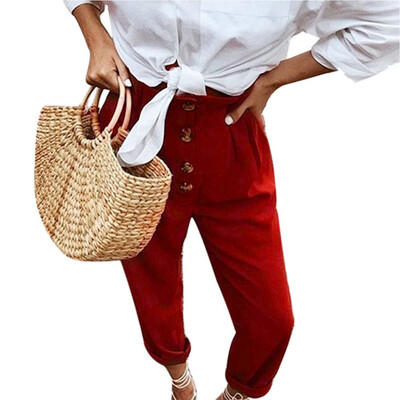 

Tailored Women Retro High Waist Pure Color Button Elastic Waist Casual Long Pants