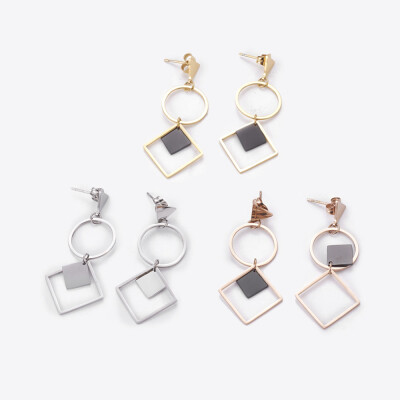 

304 Stainless Steel Dangle Stud Earrings Ring&Rhombus Mixed Color 455x20mm Pin 07mm