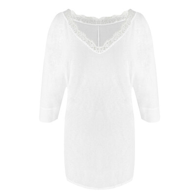 

Women Stand Collar Casual Lady Patchwork Lace T Shirt Back V Neck Office Tops