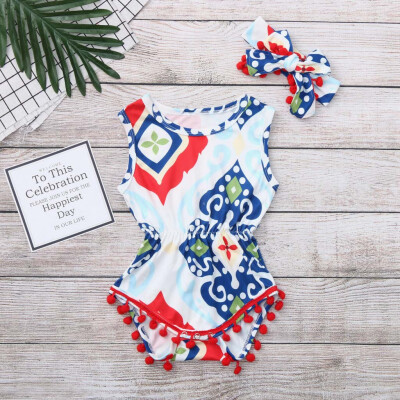 

Infant Baby Geometry Print Jumpsuit Romper Bodysuit SunsuitHeadband Outfits