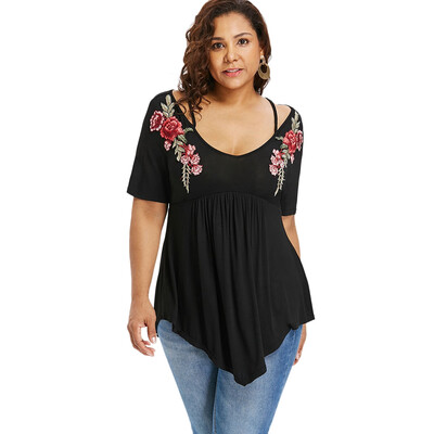 

Plus Size V Neck Embroidery Applique Empire Waist T-shirt