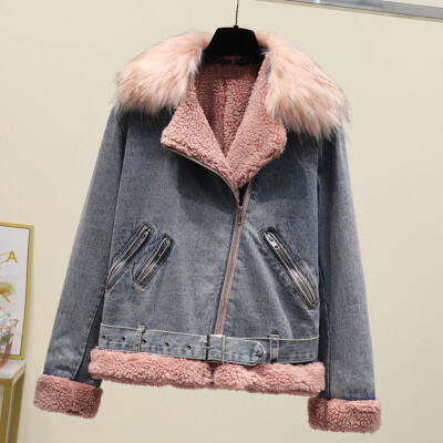 

Toponeto Winter Women Jean Jacket Thicken Warm Fleece Long Sleeve Denim Coat Punk Outwear