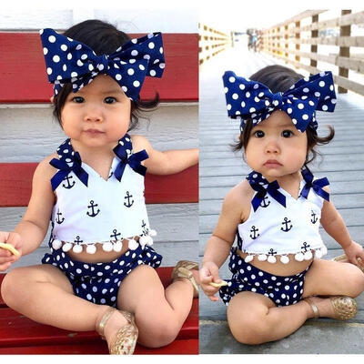 

Cute Baby Girls Clothes Anchors TopsPolka Dot BriefsHead Band 3pcs Outfits Set