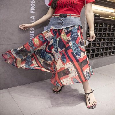 

7276 real shot fashion stitching chiffon denim skirt half length skirt beach skirt to send belt Red