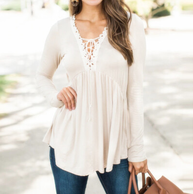 

Nomeni Women Lace V-neck Casual Long Sleeve Ladies Top Blouse Autumn Loose T-Shirt