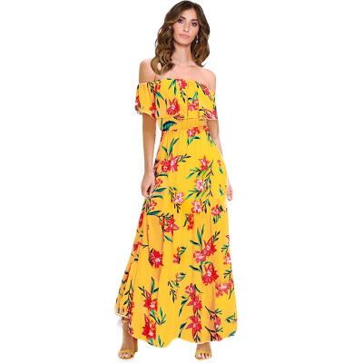 

Women Fashion Flower Printed Sweet Retro Strapless Short Sleeve Elegant Long Dress