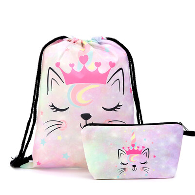 

Cartoon Rainbow Unicorn Bag Set Women Girl Glitter Drawstring Backpack Handbag