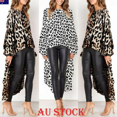 

AU Womens Irregular Leopard Print Long Sleeve Blouse Long Tops Dress T Shirt