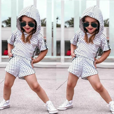 

US Toddler Baby Girl Wave Point Hooded T-shirt Pants Shorts Sunsuit Clothes Sets