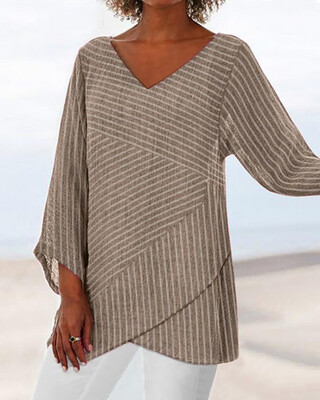 

Women Casual Loose V Neck Striped Irregular Long Sleeve Shirts Blouse Tunic Tops
