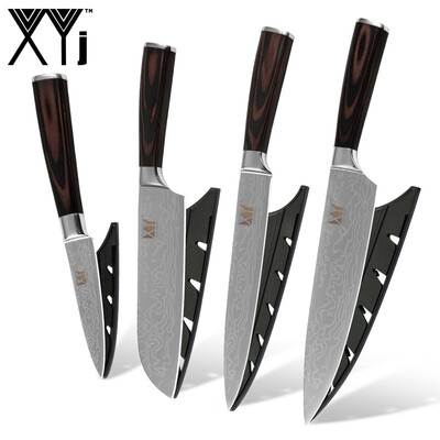

XYj 8" 8" 7" 35" Kitchen Knife Beauty Pattern Blade Color Wood Handle Stainless Steel Knife 4 Piece Set