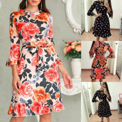 

Plus Size Ladies Long Sleeve Floral Sundress Boho Women Party Bodycon Maxi Dress