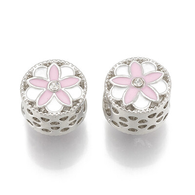 

Alloy Enamel European Beads with Rhinestone Hollow Large Hole Beads Flat Round with Flower Platinum 12x115x10mm Hole 5mm