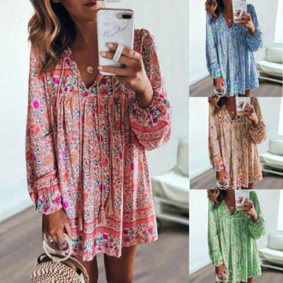 

Women Long Sleeve Wrap Boho Floral Mini Dress Ladies Summer Sundress Holiday Top
