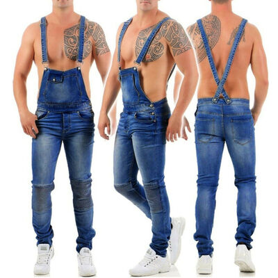 

Mens Slim Fit Denim Overalls Suspender Trousers Bib Pants Skinny Frayed Jeans