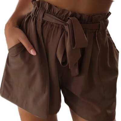 

Tailored Women Pure Color Pocket High Waist Bandage Easy Elastic Casual Short Pants