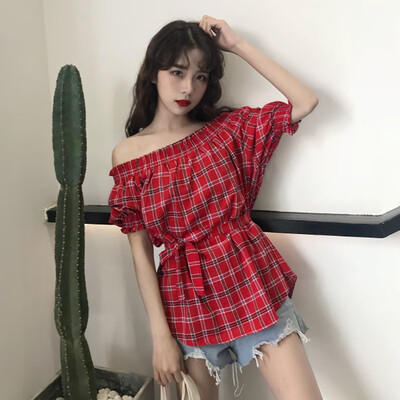 

Womens Plaid Print Slash Neck Loose Lantern Sleeve Blouse