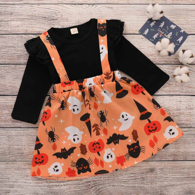 

Kids Baby Girls Bud Long Sleeve Tops Pumpkin Cartoon Skirt Halloween Outfits Set