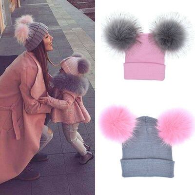 

Newborn Kids Baby Boy Girl Double Fur Pom Hat Winter Warm Knit Bobble Beanie Cap