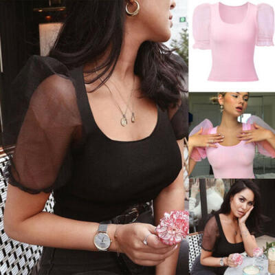 

US Women Sexy Short Puff Sleeve Casual Bralet Tank Tops Blouse T-Shirt Crop Cami