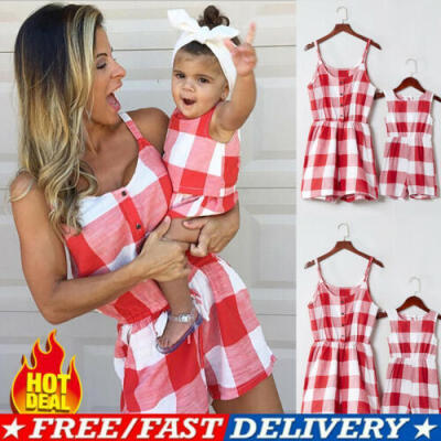 

Family Matching Clothes Women Girls Mother&Daughter Plaid Romper Jumpsuit