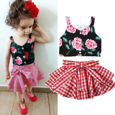 

US Toddler Baby Girl Clothes Sleeveless Tops Flower Tops TuTu Plaid Dress Outfit