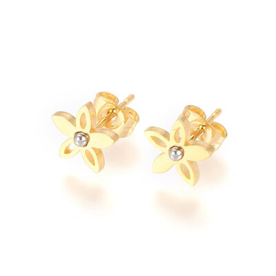 

304 Stainless Steel Stud Earrings Flower Golden & Stainless Steel Color 9x15mm Pin 08mm