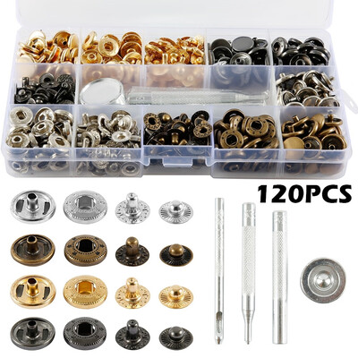 

120 Sets Snap Fastener Kit Leather Snap Buttons Press Studs with 4PCS Fixing Tools Metal Snaps for Clothing