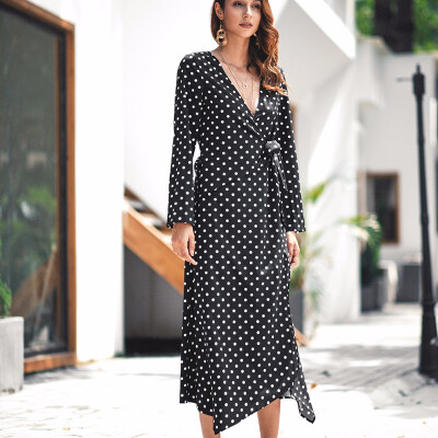 

Women Dresses Bohemian Dress V-neck Cardigan Casual Dress Print Polka Dot Long Sleeve Dress